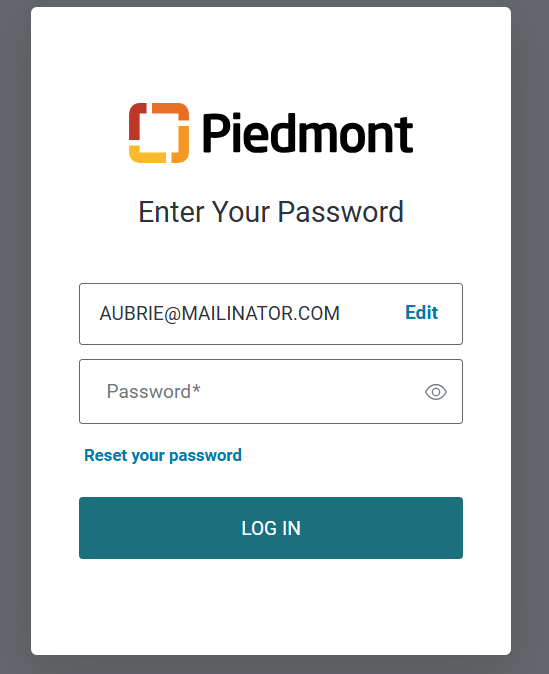 Piedmont onboarding portal password login screen.